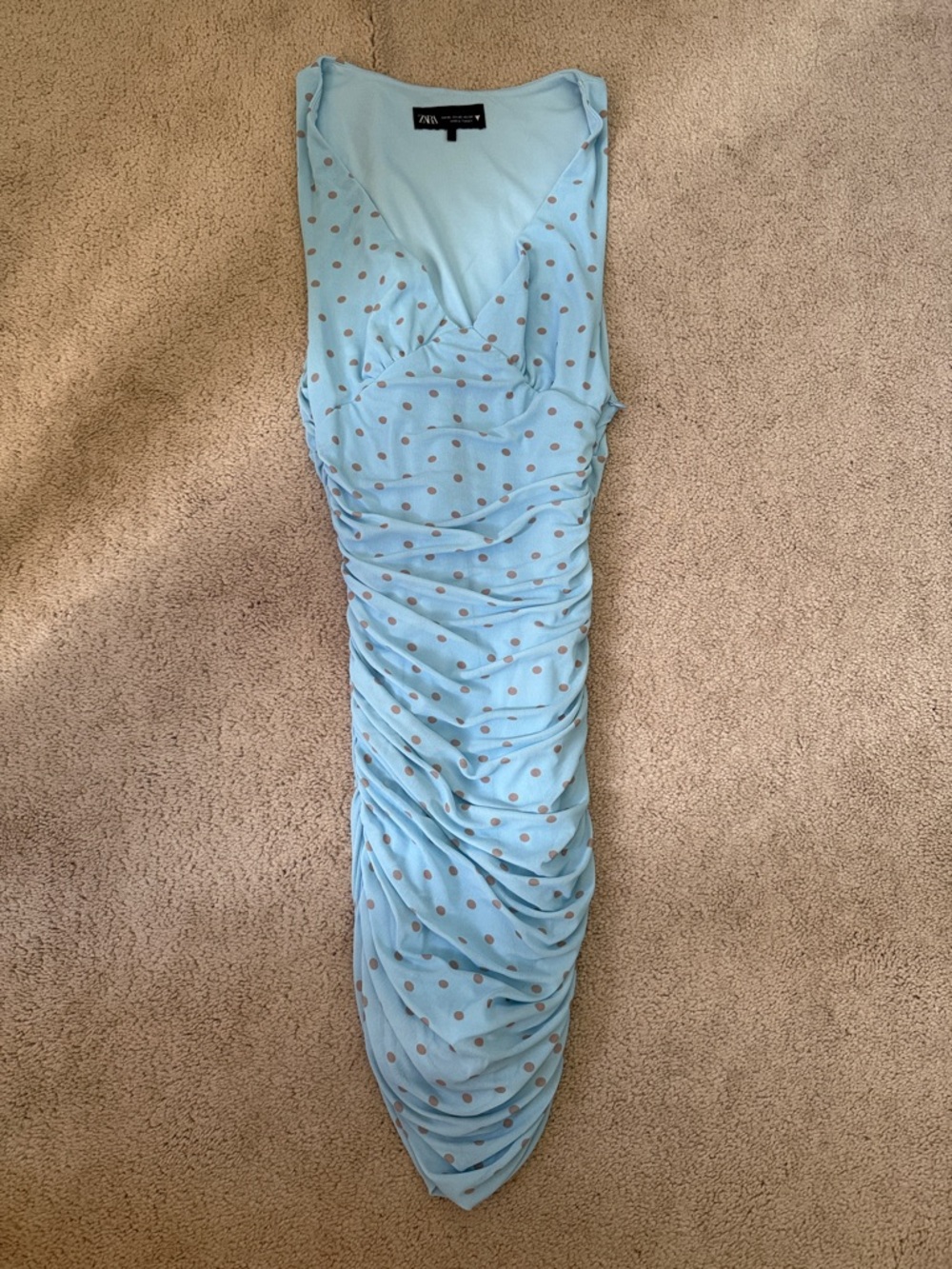 Zara Light Blue Polka Dot Ruched V-Neck Midi Dress